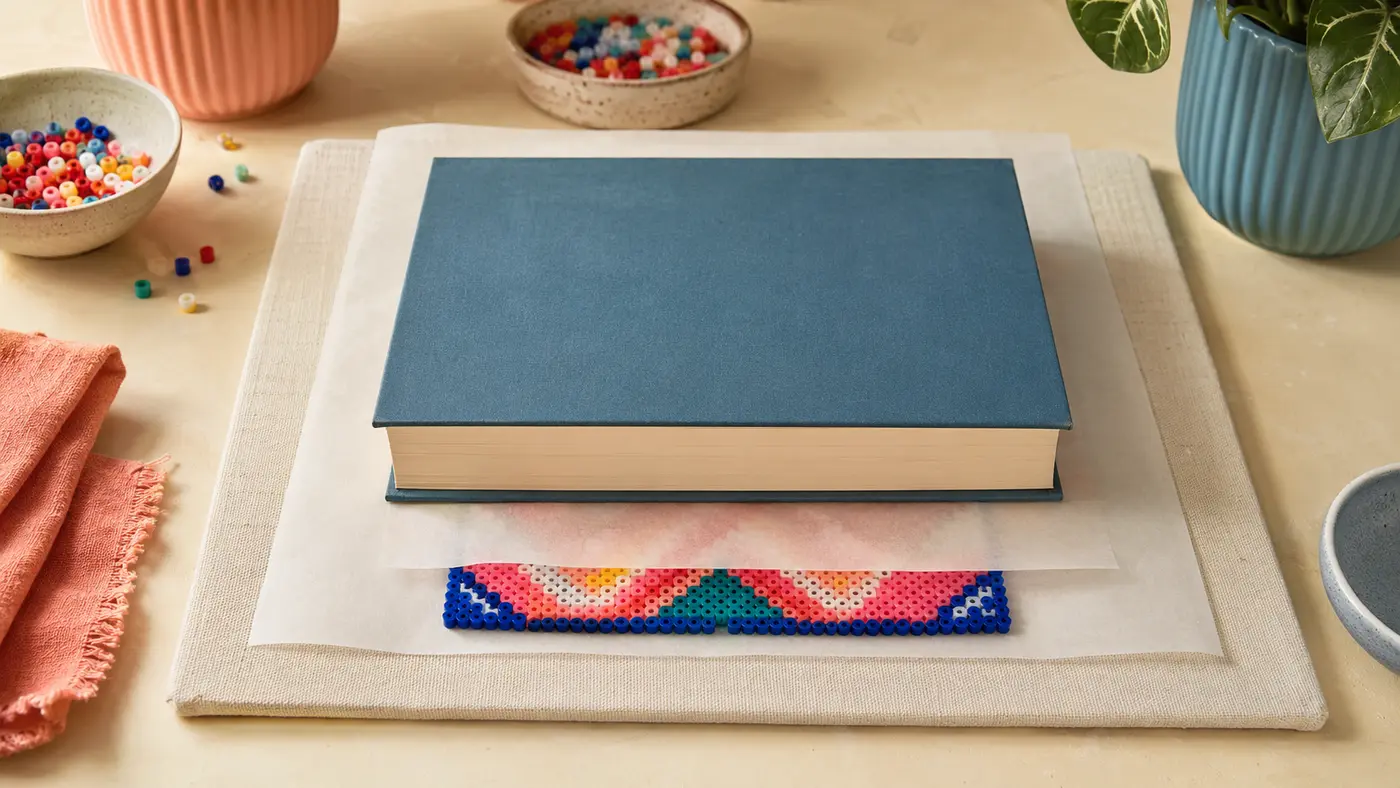 Colorful fuse bead artwork cooling flat between ironing paper under a heavy hardcover book