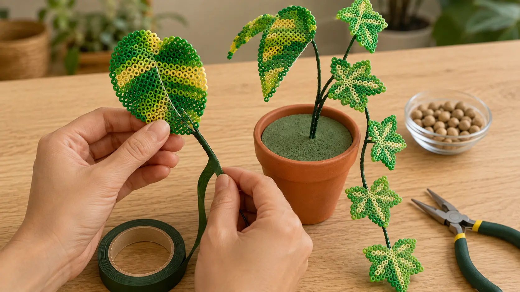 Adult attaching a shaped pothos Perler bead leaf to green floral wire beside an ivy vine, foam-filled terracotta pot, tape, pebbles, and pliers