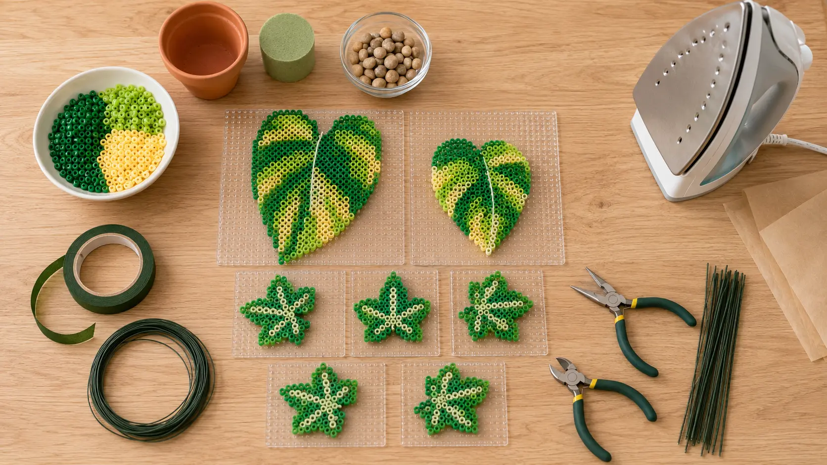Pothos and English ivy fuse bead leaf patterns on pegboards beside floral wire, tape, tools, foam, pebbles, iron, and terracotta pot