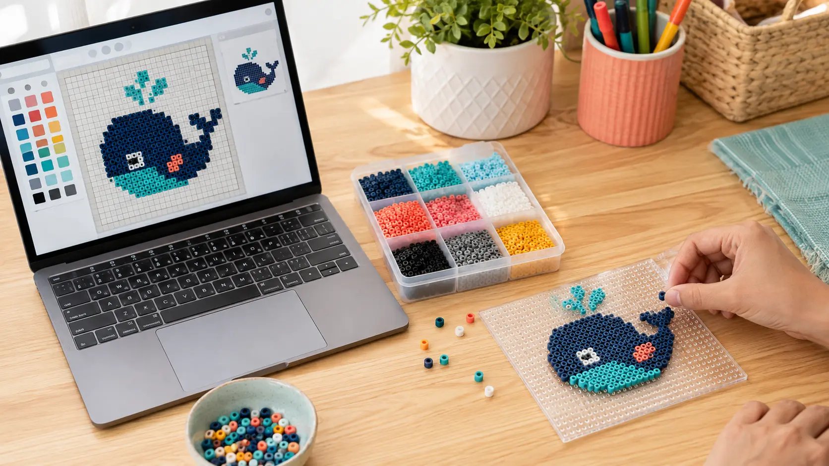 Laptop pattern maker, organized fuse beads, and a whale Perler bead pattern being built on a clear pegboard