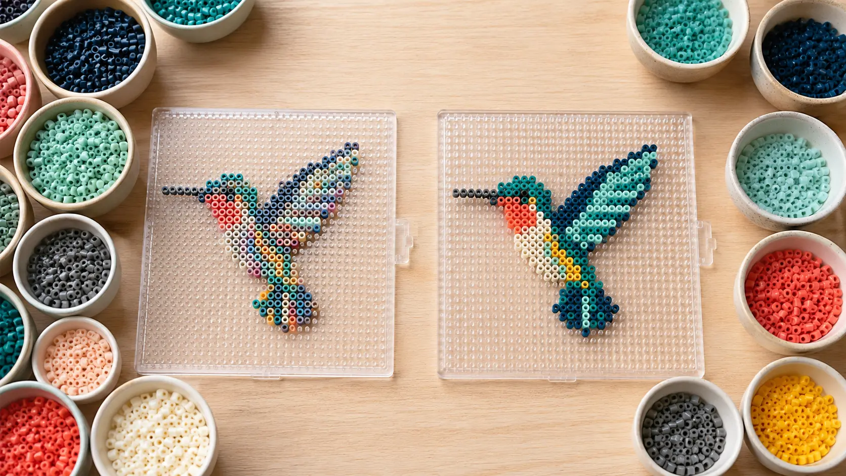 Two hummingbird fuse bead patterns comparing a noisy many-color palette with a clean limited palette