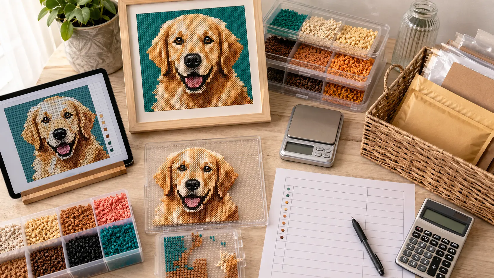 Fuse bead artist pricing a framed golden retriever portrait beside its pattern, pegboards, sorted beads, packaging, scale, worksheet, and calculator