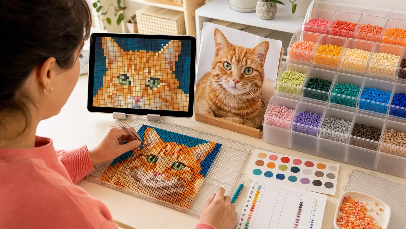 Maker building an orange cat fuse bead portrait beside the customer photo, a digital pixel grid, and organized bead colors