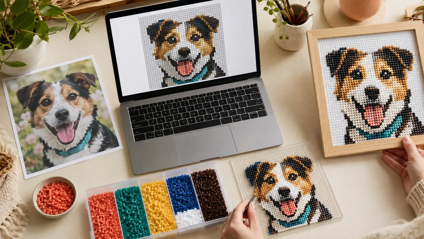 Customer dog photo beside a digital pixel pattern, organized fuse beads, an in-progress pegboard, and a finished framed bead portrait