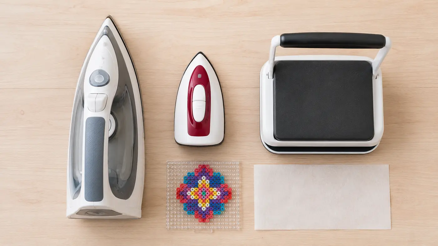 Standard household iron, mini craft iron, and heat press compared for Perler bead iron settings