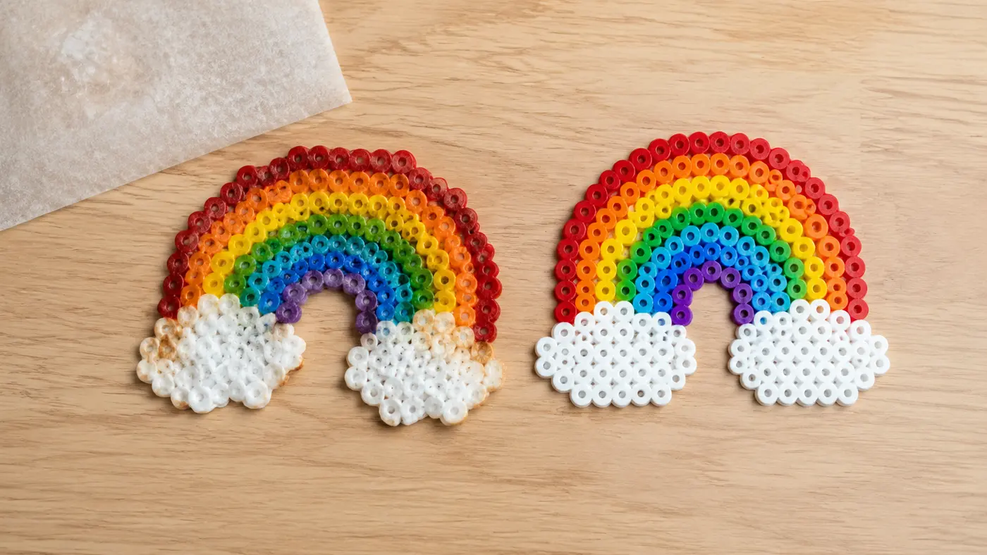 Warped scorched Perler bead project beside a properly fused flat bead design
