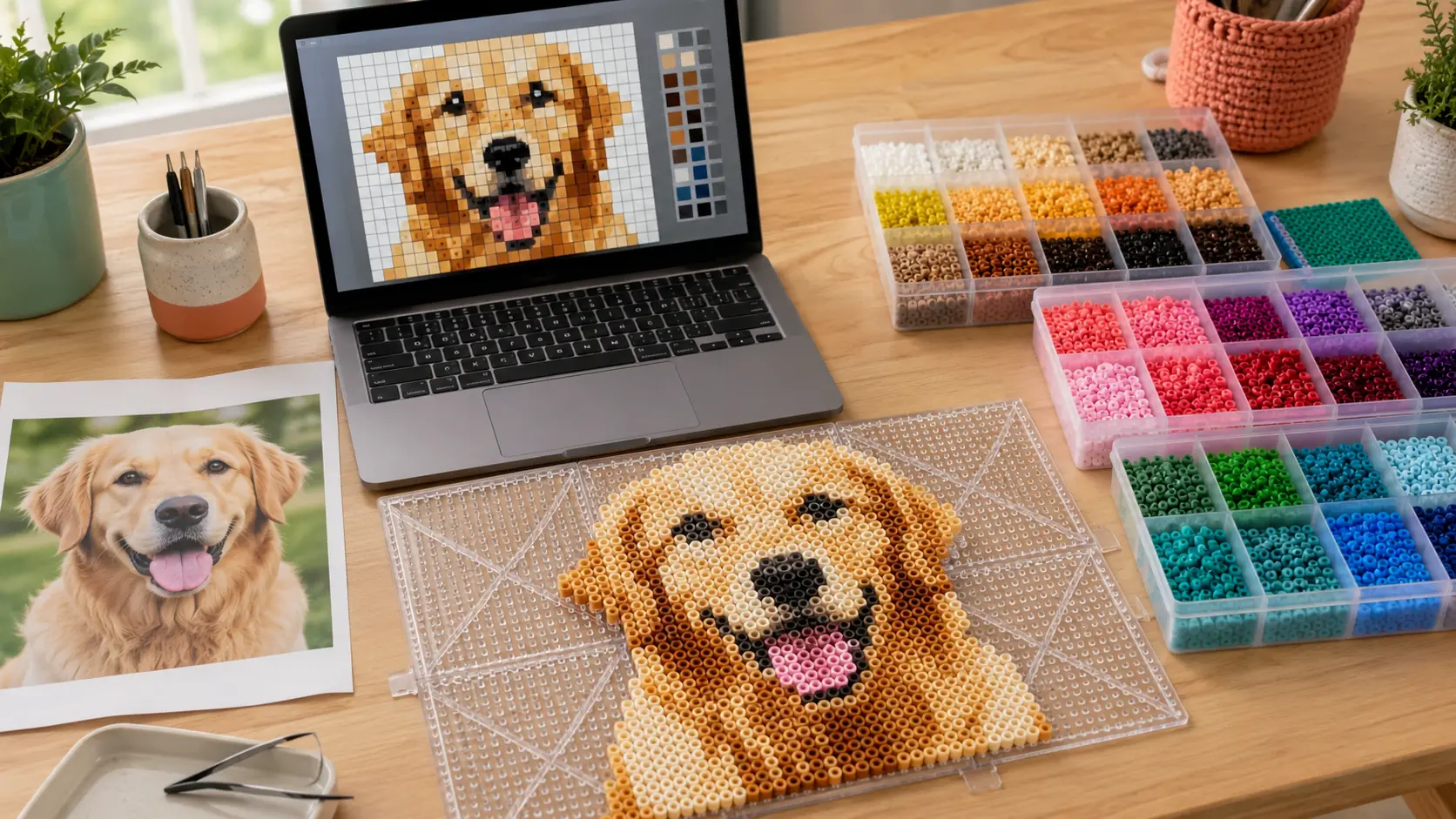 Golden retriever photo beside a laptop bead-grid pattern, organized fuse beads, and a matching portrait on clear pegboards