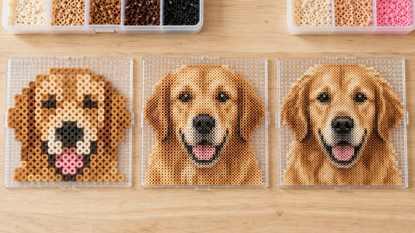 Three golden retriever fuse bead portraits showing increasing detail from a small grid to larger grids