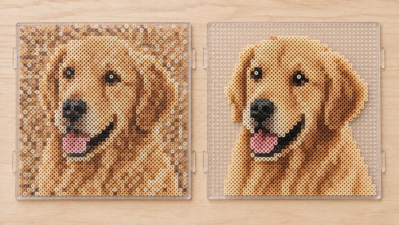 Noisy golden retriever fuse bead portrait beside a cleaner limited-palette version on clear pegboards