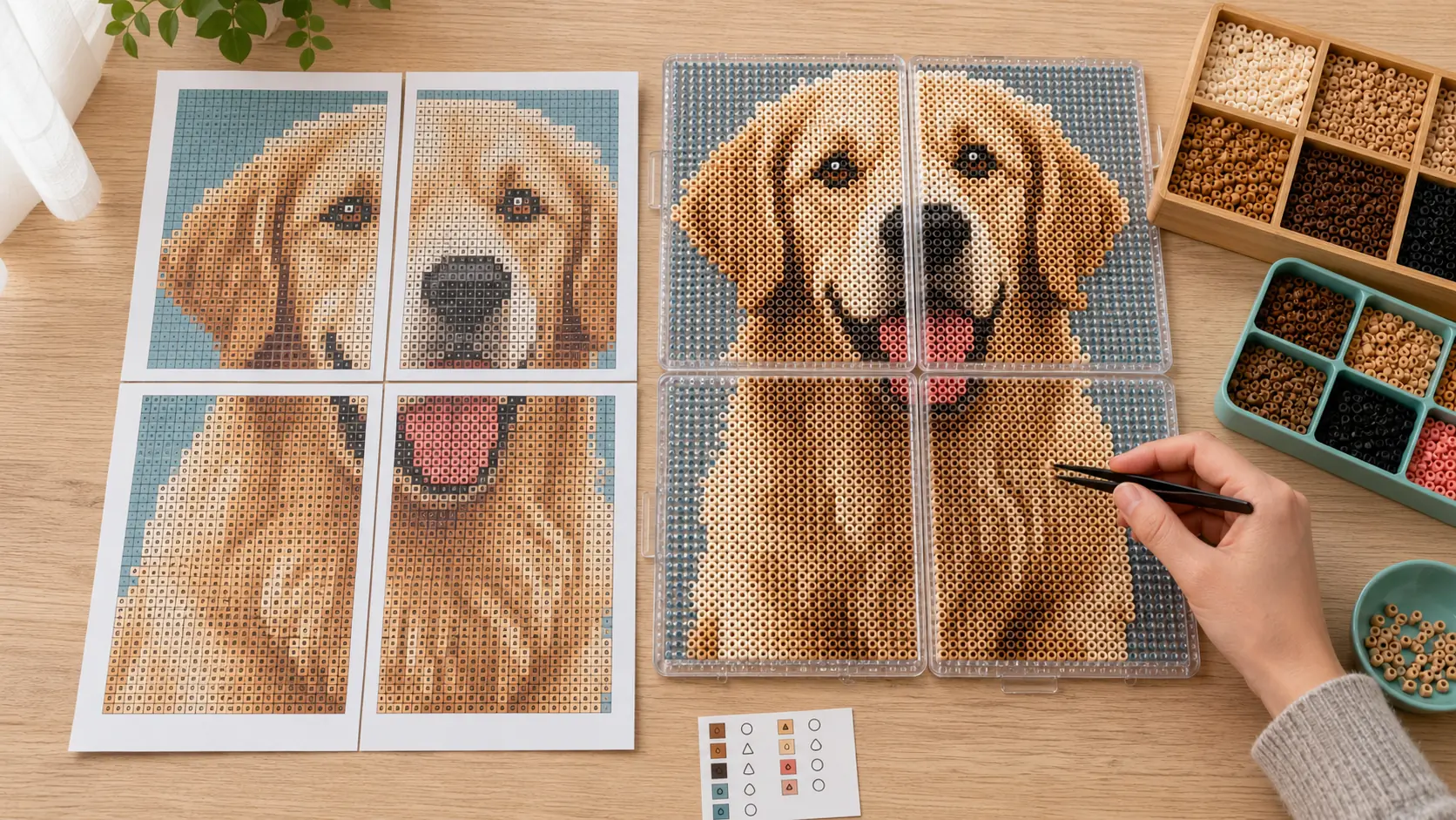 Four printable grid pages beside a matching four-board golden retriever fuse bead portrait being built with tweezers