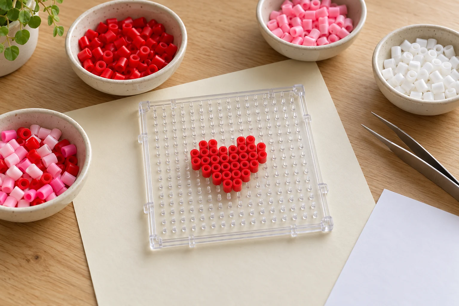 Illustrative beginner workspace with a small red bead heart on a clear pegboard