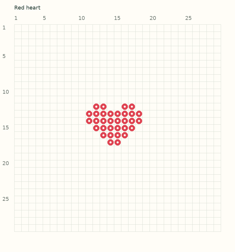 Exact 32-bead red heart layout centered on a 29×29 reference grid