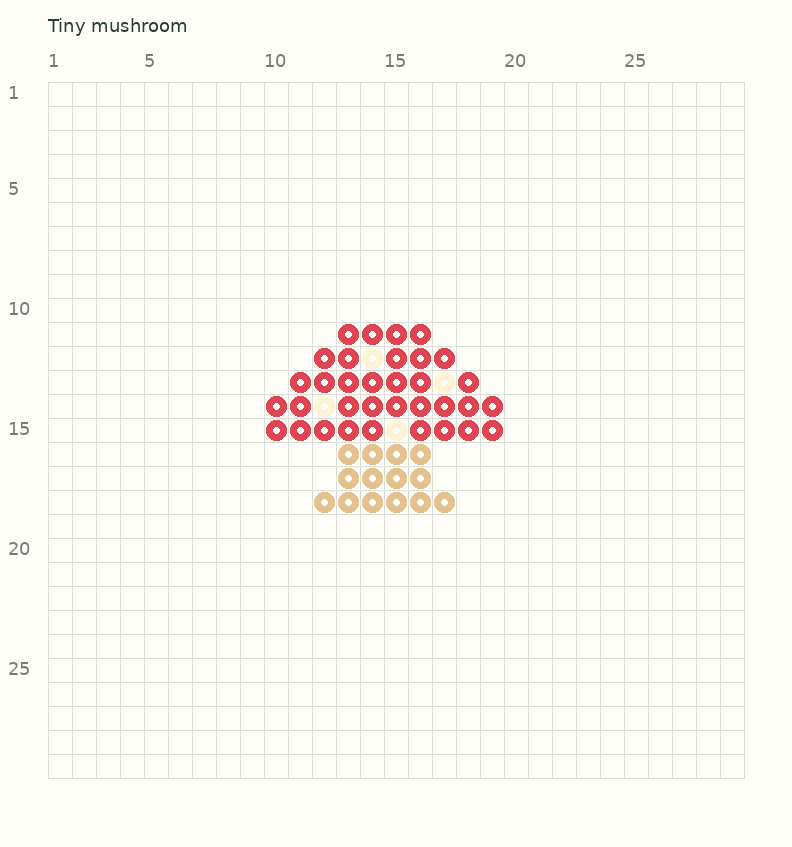 Exact 52-bead mushroom layout with red cap, cream spots, and tan stem