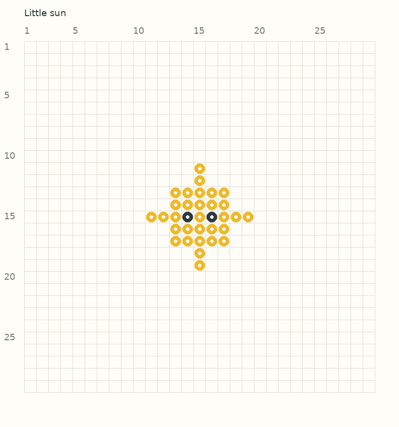 Exact 33-bead yellow sun grid with two black eyes and four straight rays