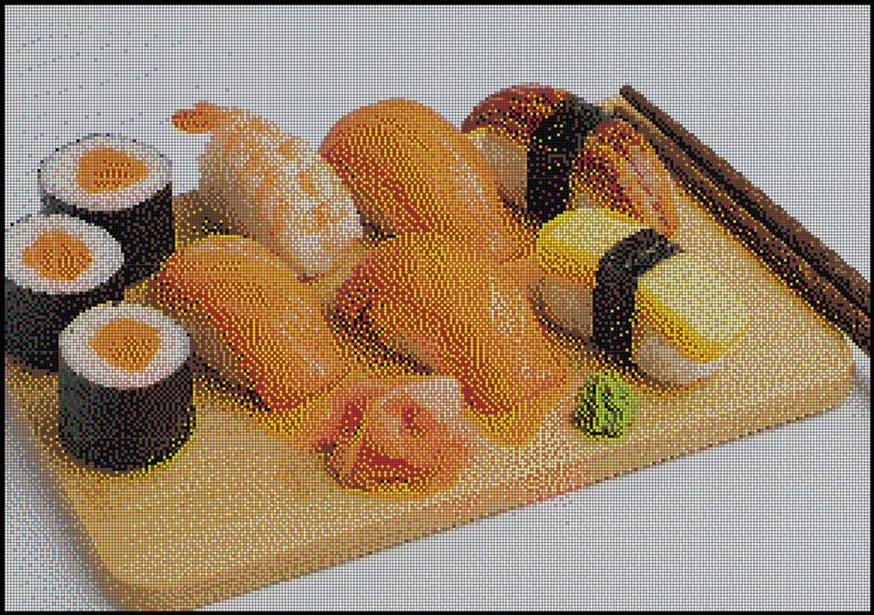 The same sushi platter photo converted into a printable fuse bead pattern